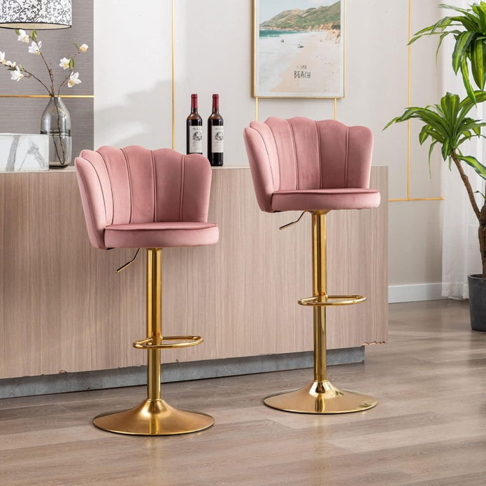 Table & Bar Stools: SERENITà Swivel Bar Stools Bar Height Set of 2 Adjustable Upholstered Counter Barstool Velvet Bar Chairs with Back/Gold Base for Kitchen Island/Bar/Cafe-Pink