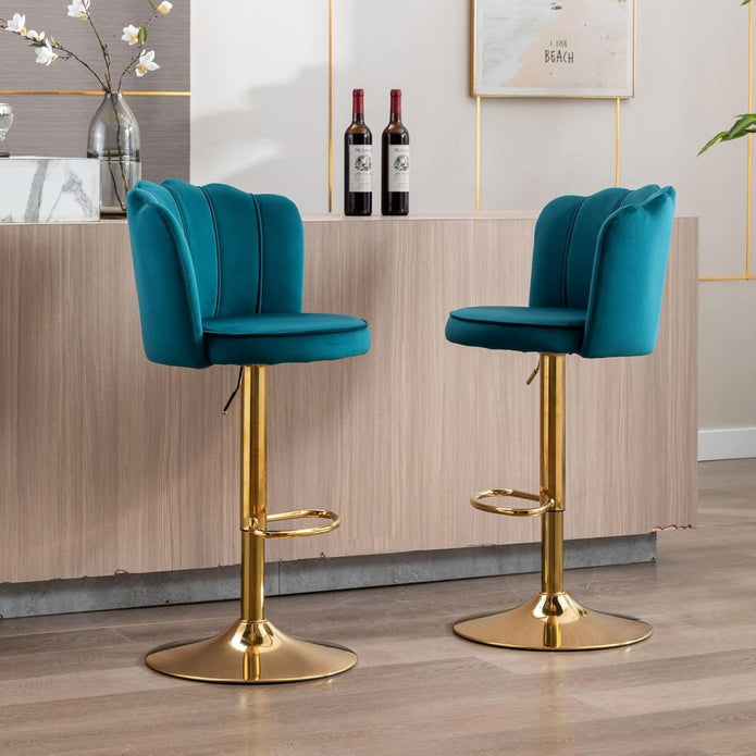 Table & Bar Stools: SERENITà Swivel Bar Stools Bar Height Set of 2 Adjustable Upholstered Counter Barstool Velvet Bar Chairs with Back/Gold Base for Kitchen Island/Bar/Cafe-Teal Blue