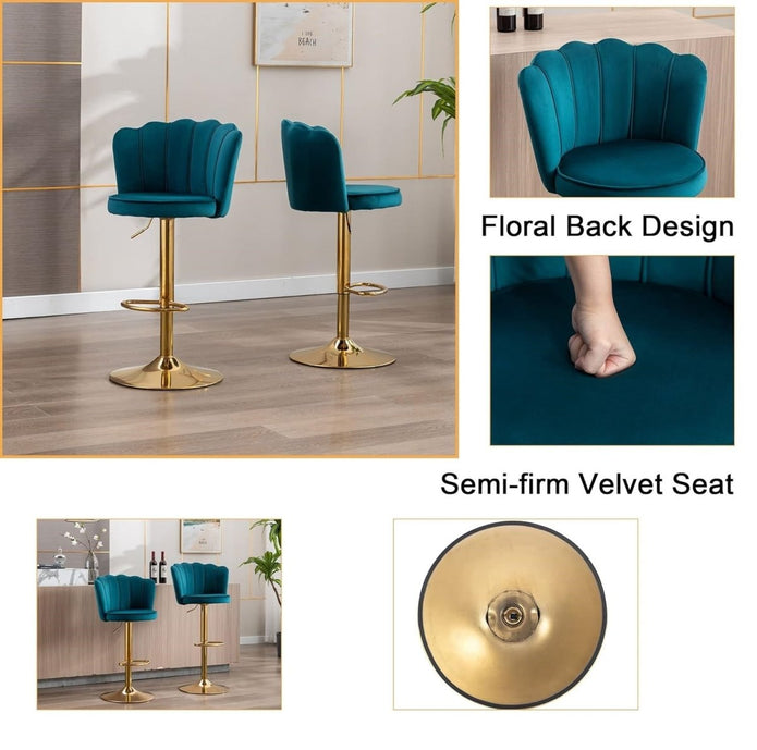Table & Bar Stools: SERENITà Swivel Bar Stools Bar Height Set of 2 Adjustable Upholstered Counter Barstool Velvet Bar Chairs with Back/Gold Base for Kitchen Island/Bar/Cafe-Teal Blue