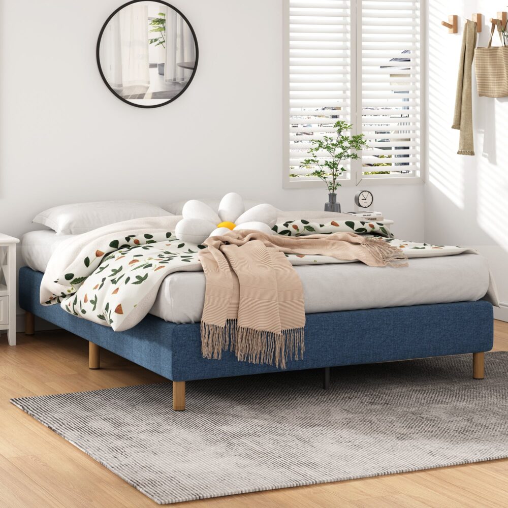 Beds & Bed Frames: Metal Bed Frame Mattress Foundation Blue  Queen