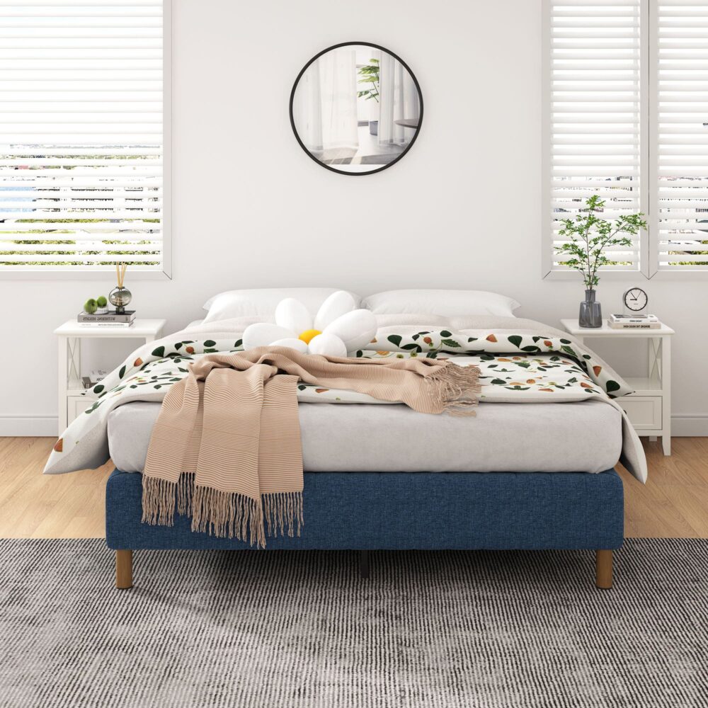 Beds & Bed Frames: Metal Bed Frame Mattress Foundation Blue  Queen