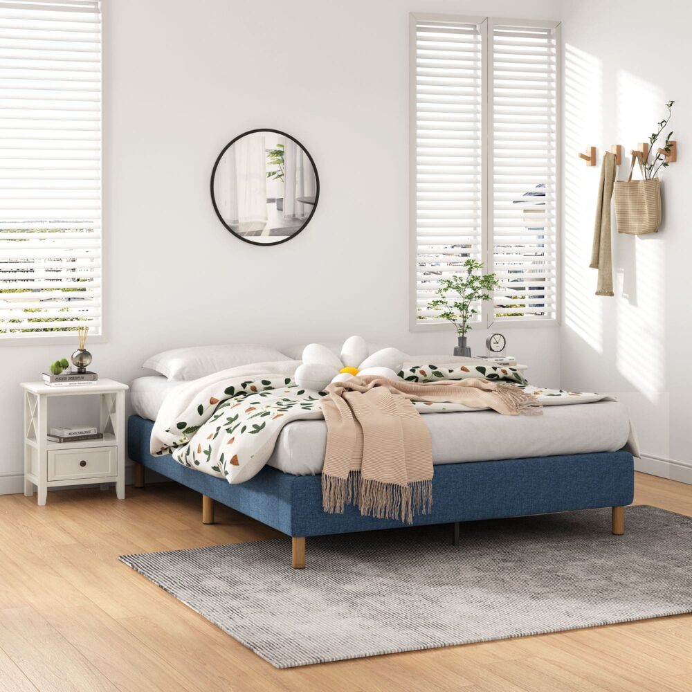 Beds & Bed Frames: Metal Bed Frame Mattress Foundation Blue  Queen