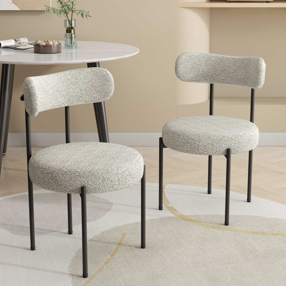 Kitchen & Dining Chairs: Luxe Boucle Cushioned Elsa Dining Chairs in White Quartz