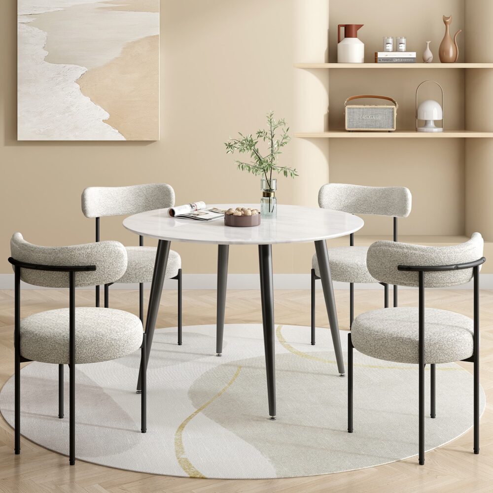 Kitchen & Dining Chairs: Luxe Boucle Cushioned Elsa Dining Chairs in White Quartz