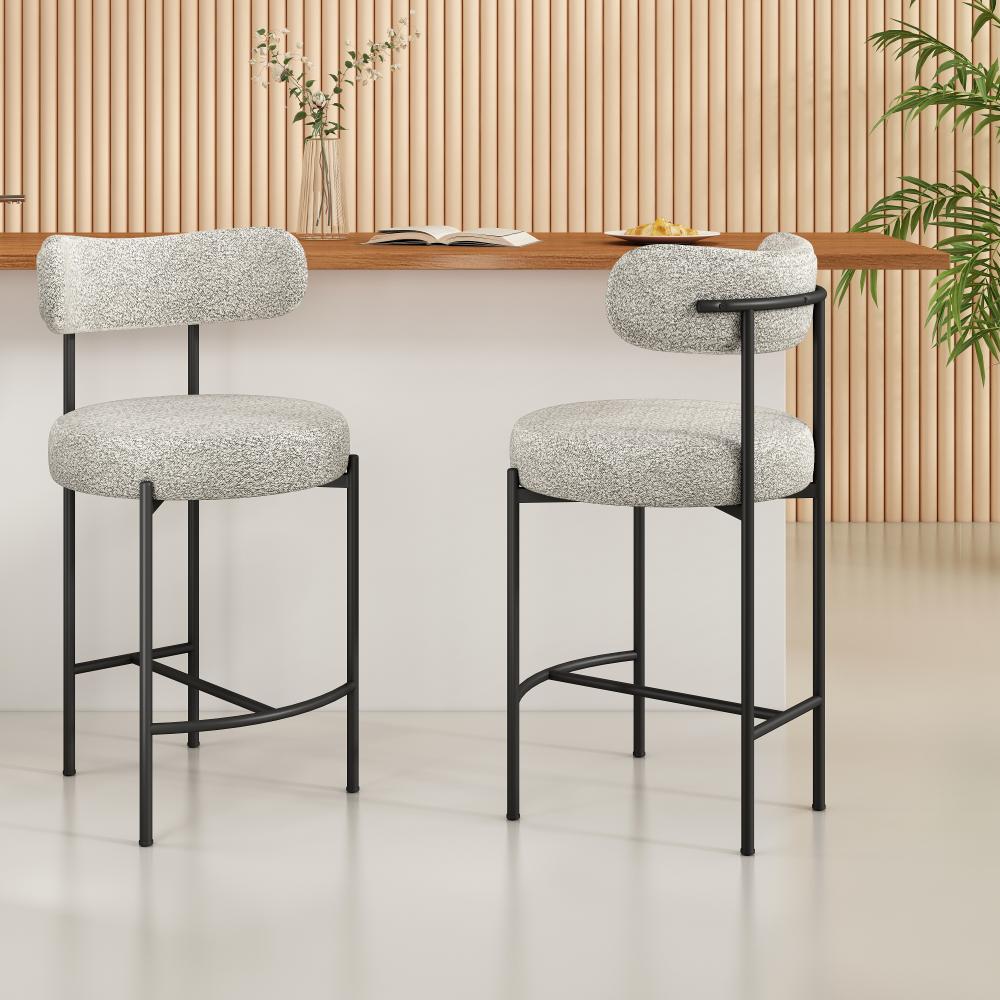 Table & Bar Stools: Sleek White Quartz Metal Boucle Elsa Bar Stools