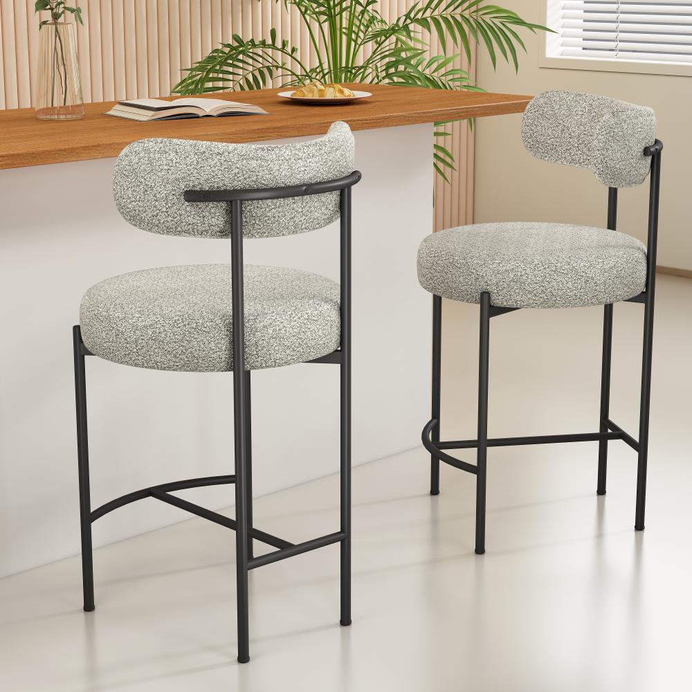Table & Bar Stools: Sleek White Quartz Metal Boucle Elsa Bar Stools
