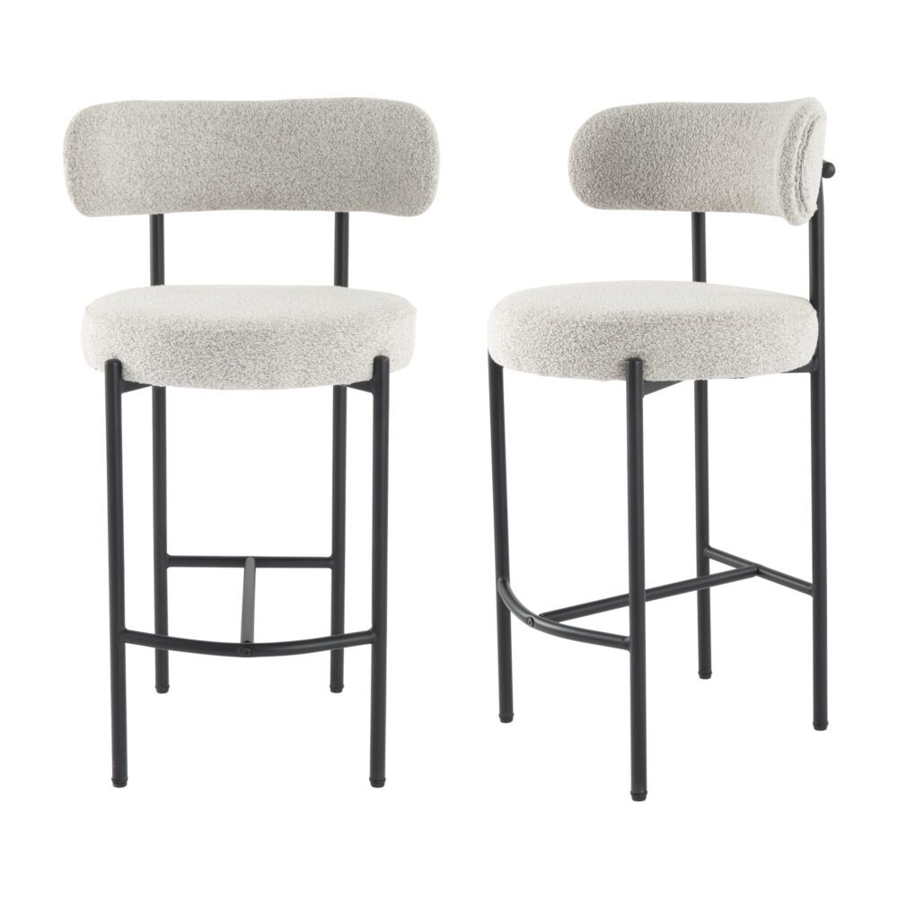 Table & Bar Stools: Sleek White Quartz Metal Boucle Elsa Bar Stools