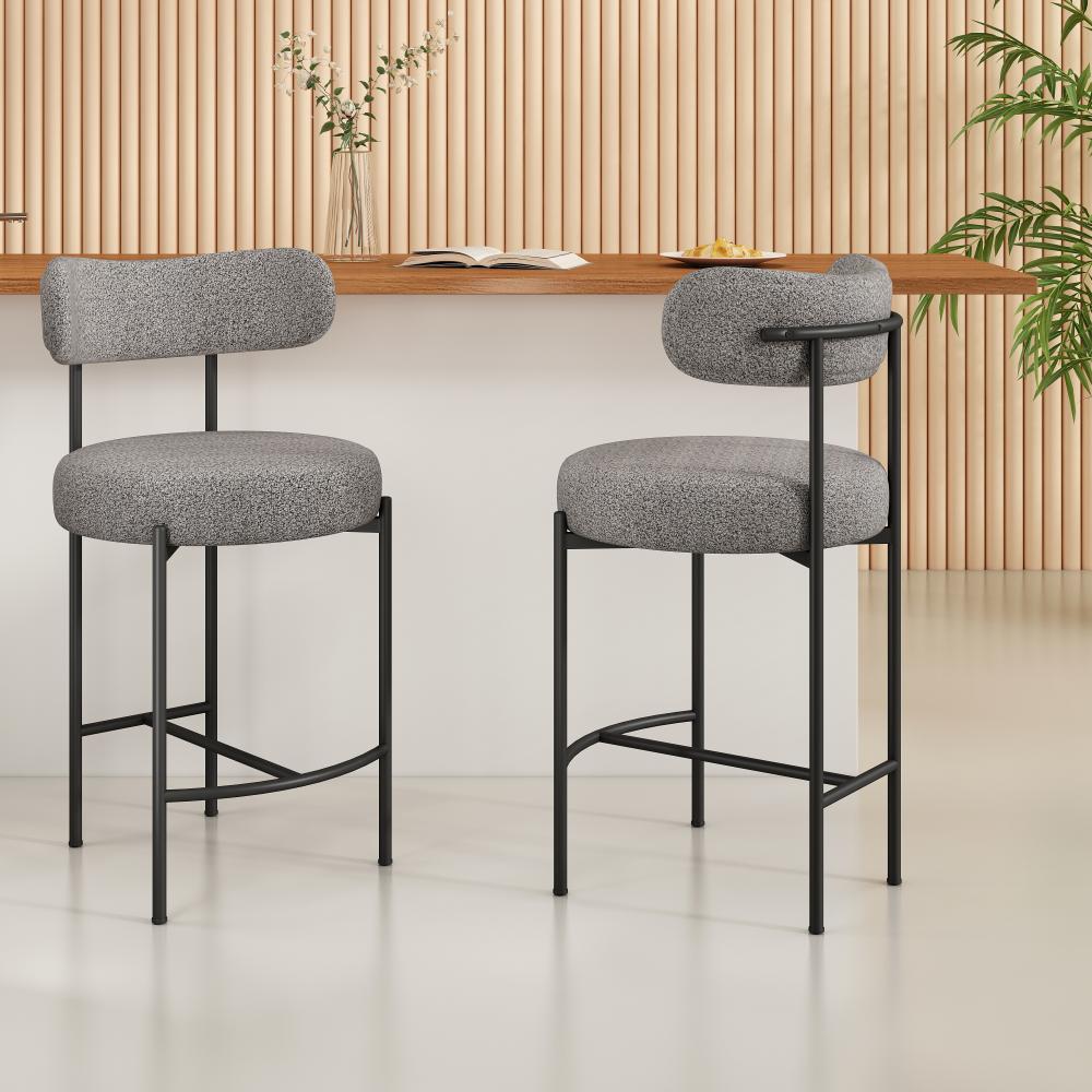 Table & Bar Stools: Contemporary Grey Boucle Elsa Low Bar Stools