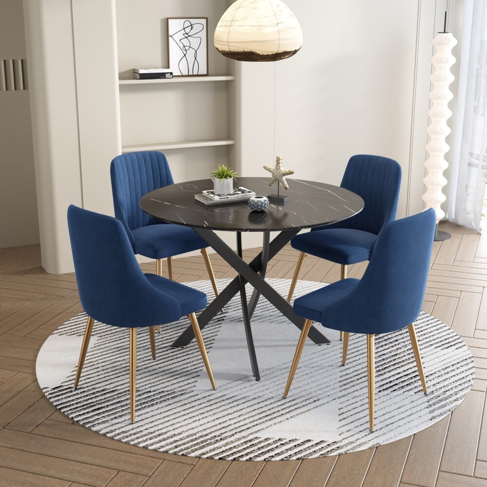 Dining Tables: Round Marble-Effect Table-Black