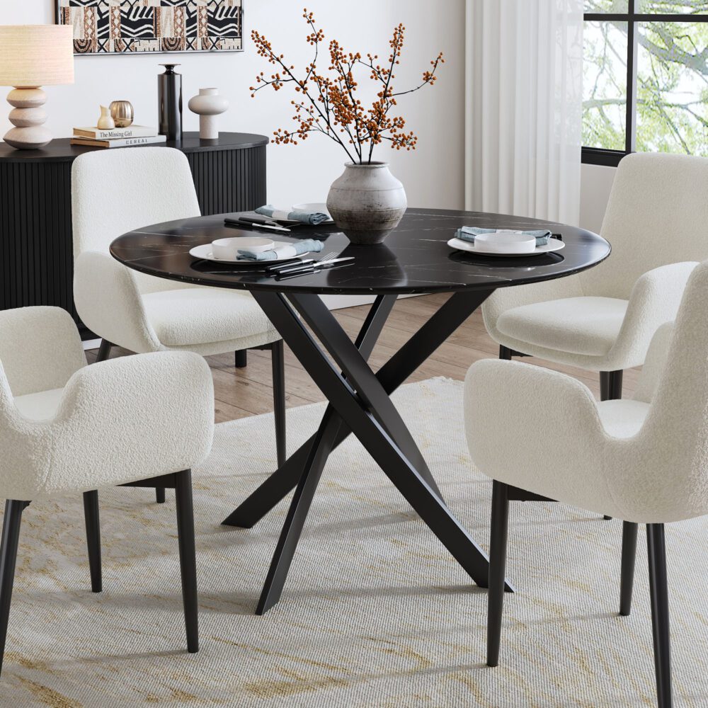 Dining Tables: Round Marble-Effect Table-Black