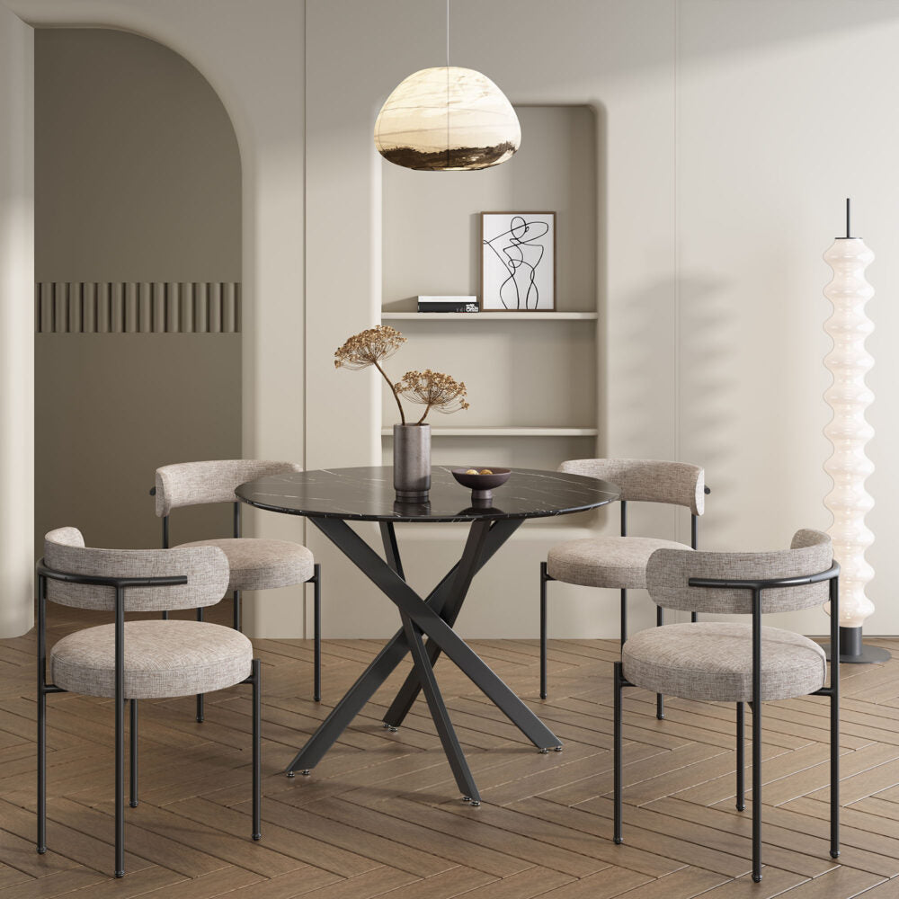 Dining Tables: Round Marble-Effect Table-Black