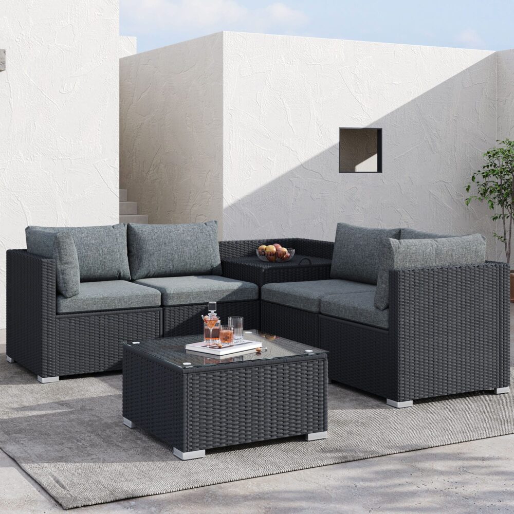 Outdoor Sofas & Lounge Sets: 6PCS Outdoor Modular Lounge Sofa Coogee-Black
