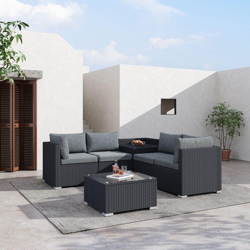 Outdoor Sofas & Lounge Sets: 6PCS Outdoor Modular Lounge Sofa Coogee-Black