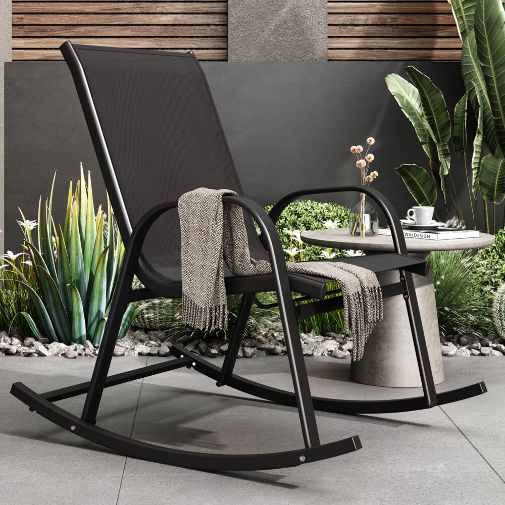 Outdoor Chairs: Rocking Chair High Back Rocker Chairs Steel Metal Textilene Fabric-Black