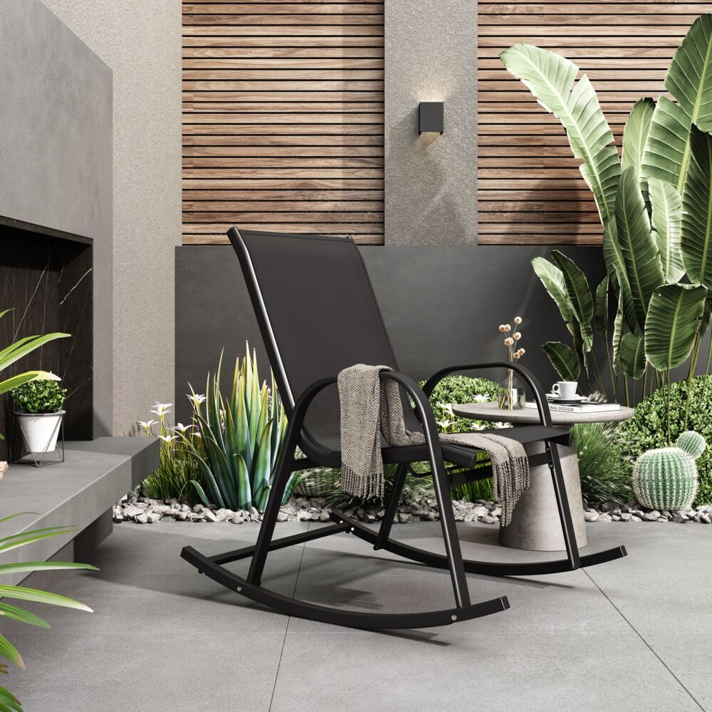 Outdoor Chairs: Rocking Chair High Back Rocker Chairs Steel Metal Textilene Fabric-Black
