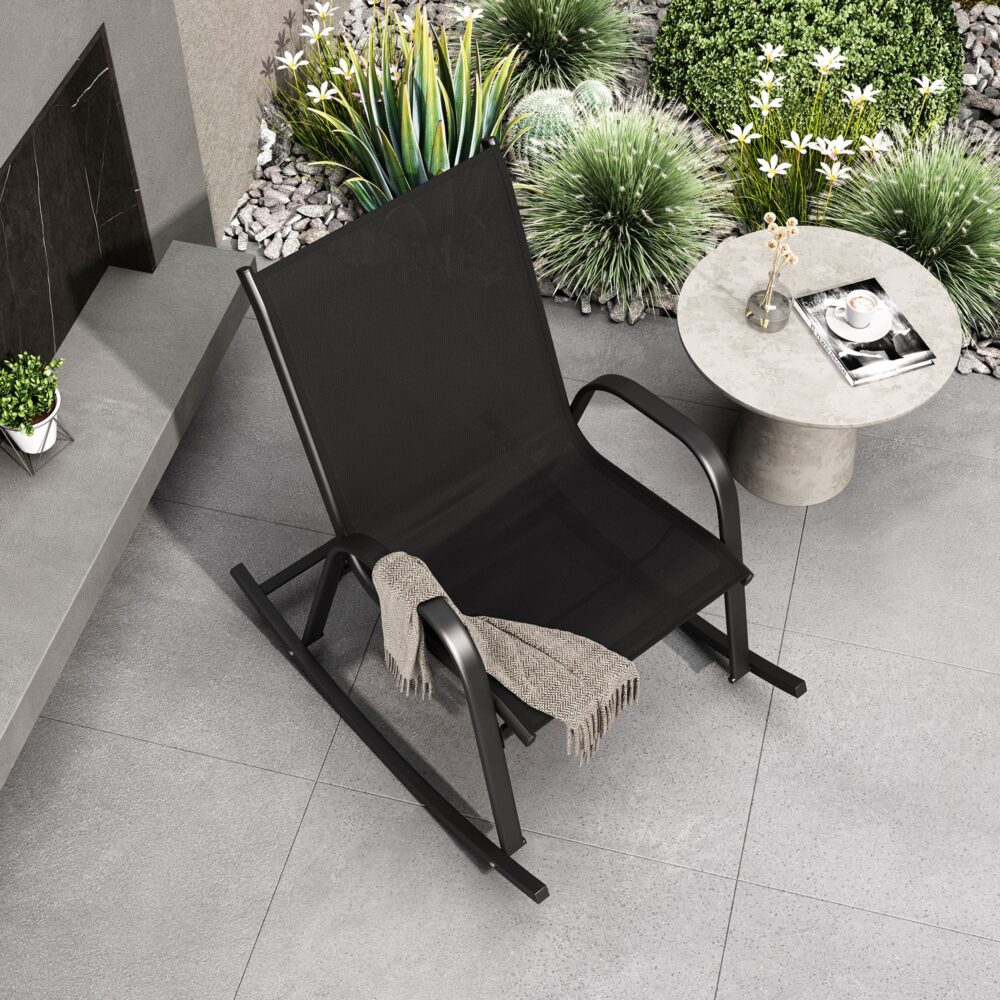 Outdoor Chairs: Rocking Chair High Back Rocker Chairs Steel Metal Textilene Fabric-Black
