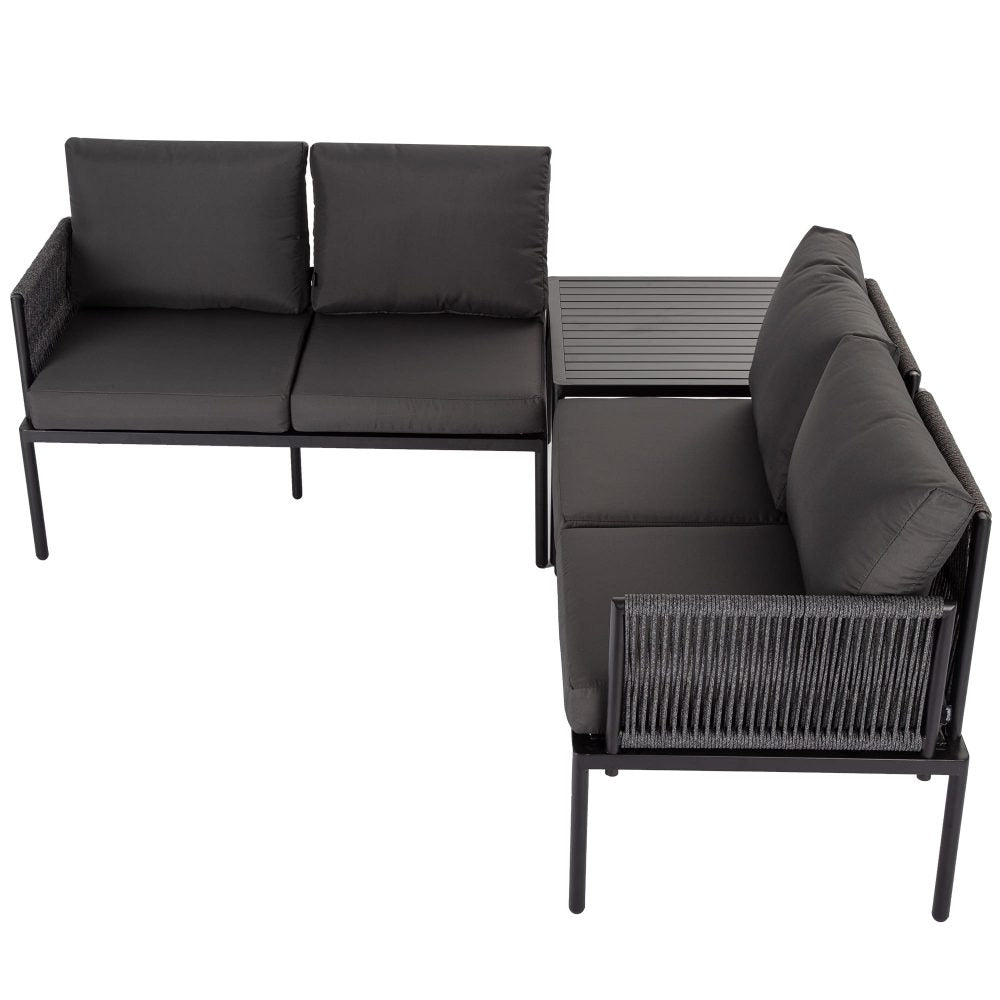 Outdoor Sofas & Lounge Sets: Eden 4-Seater Outdoor Lounge Set with Coffee Table in Black-Stylish Textile and Rope Design