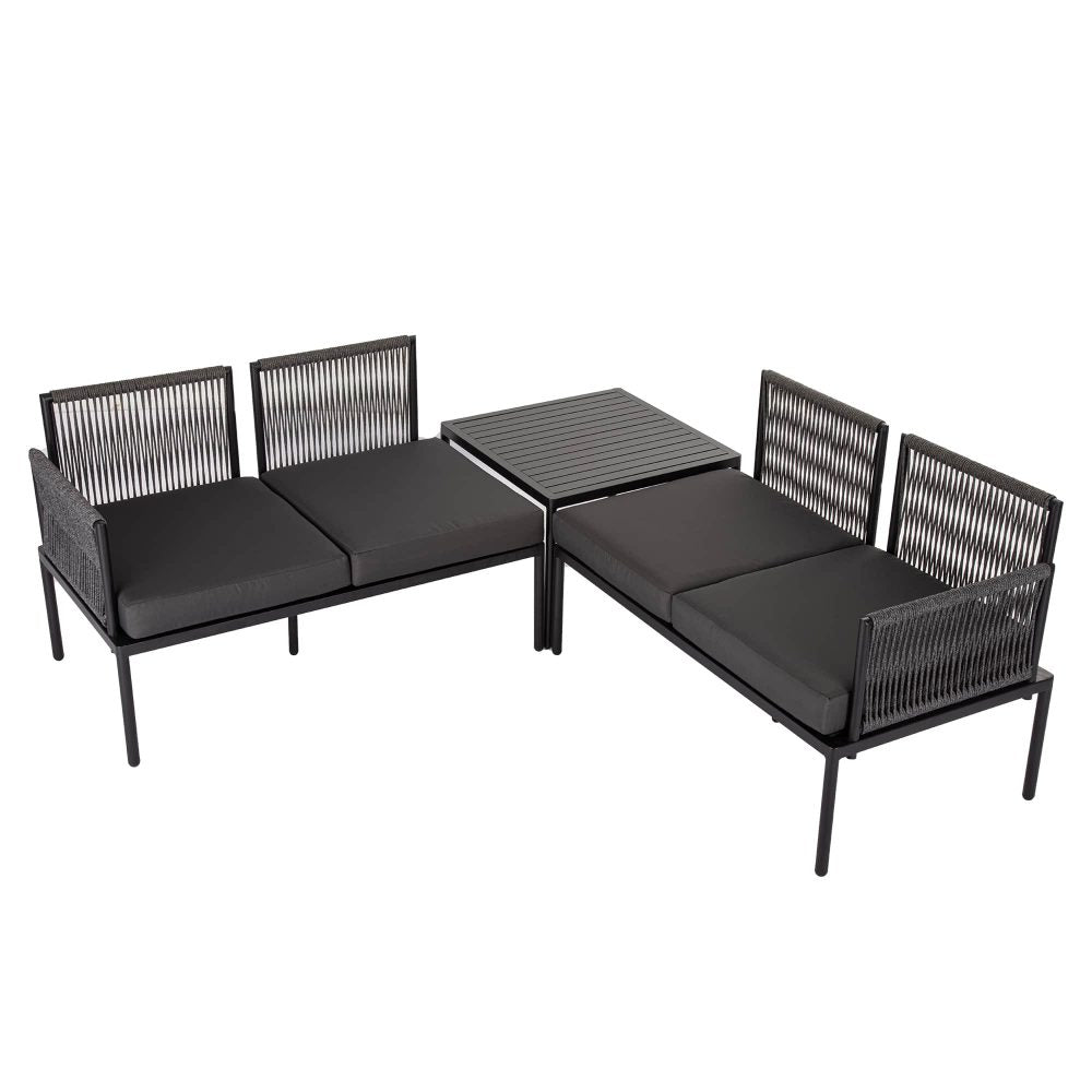 Outdoor Sofas & Lounge Sets: Eden 4-Seater Outdoor Lounge Set with Coffee Table in Black-Stylish Textile and Rope Design