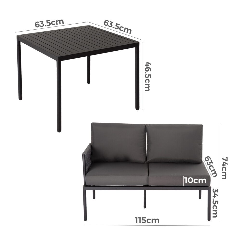Outdoor Sofas & Lounge Sets: Eden 4-Seater Outdoor Lounge Set with Coffee Table in Black-Stylish Textile and Rope Design