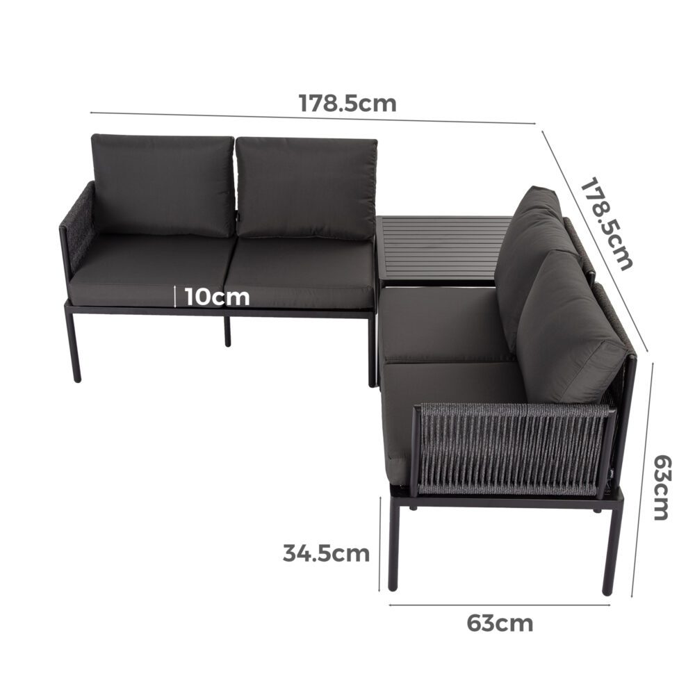 Outdoor Sofas & Lounge Sets: Eden 4-Seater Outdoor Lounge Set with Coffee Table in Black-Stylish Textile and Rope Design