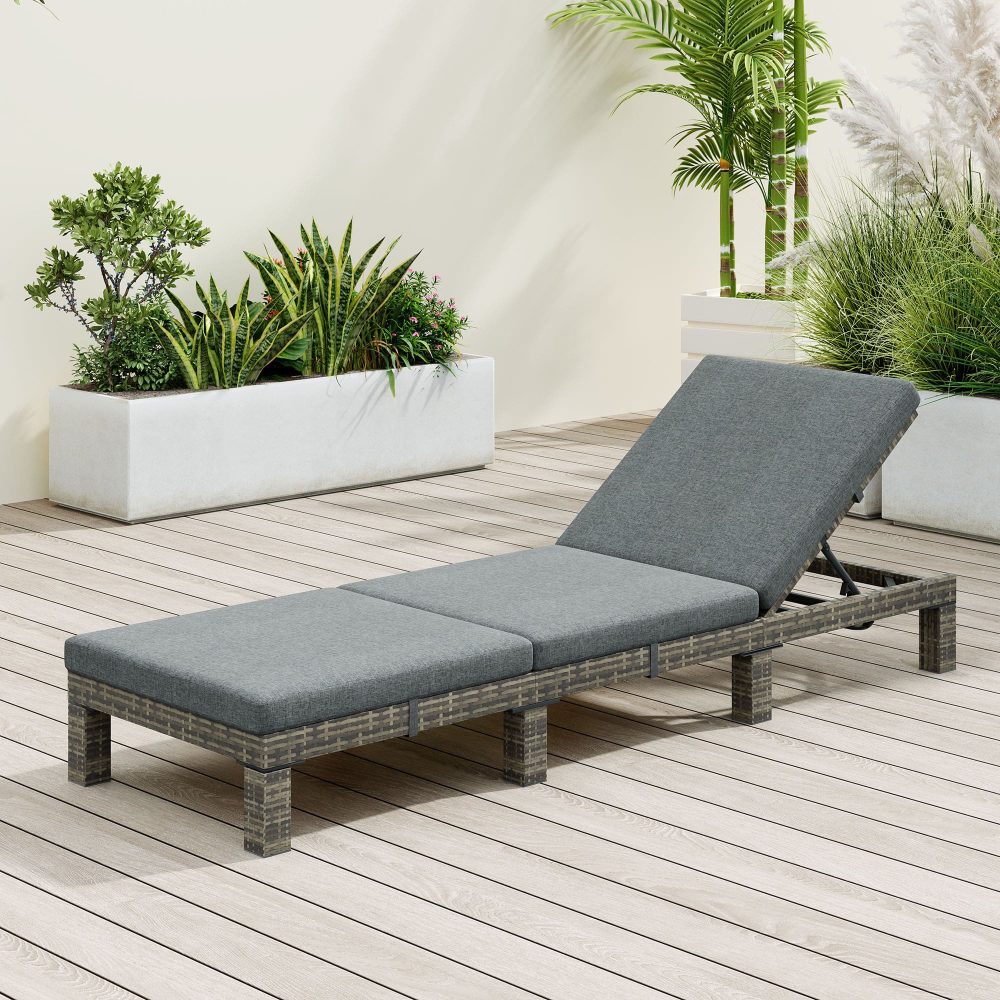 Outdoor Sofas & Lounge Sets: Grey Rattan Sunbed with Adjustable Recline