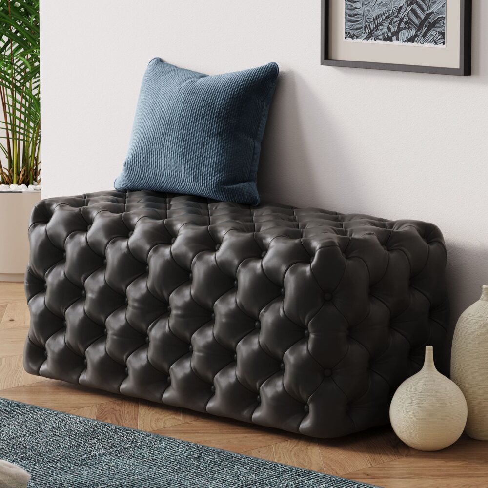 Ottomans & Footstools: Black Leathaire Ottoman-Rectangular
