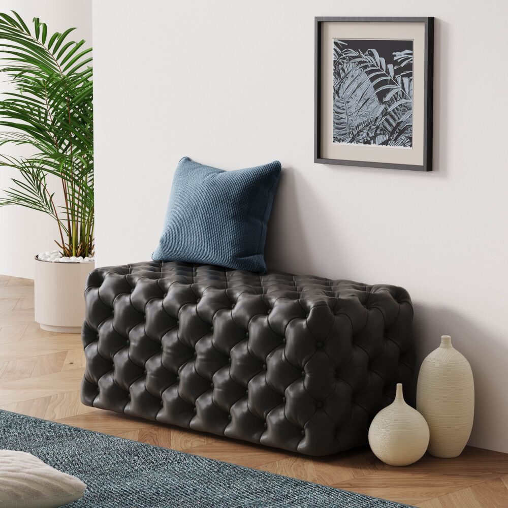 Ottomans & Footstools: Black Leathaire Ottoman-Rectangular