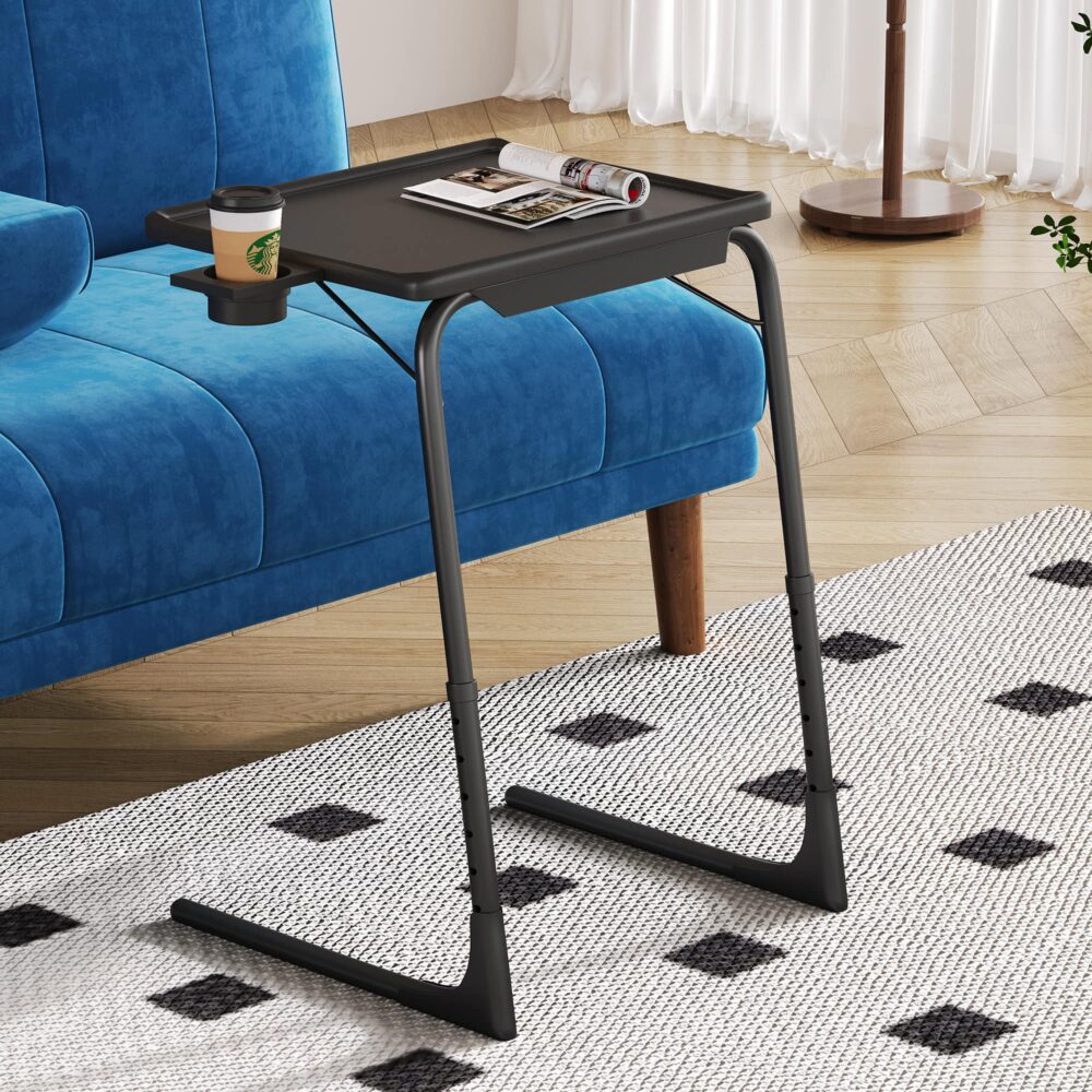 Side Tables: Foldable Table Adjustable Tray Laptop Desk with Removable Cup Holder-Black