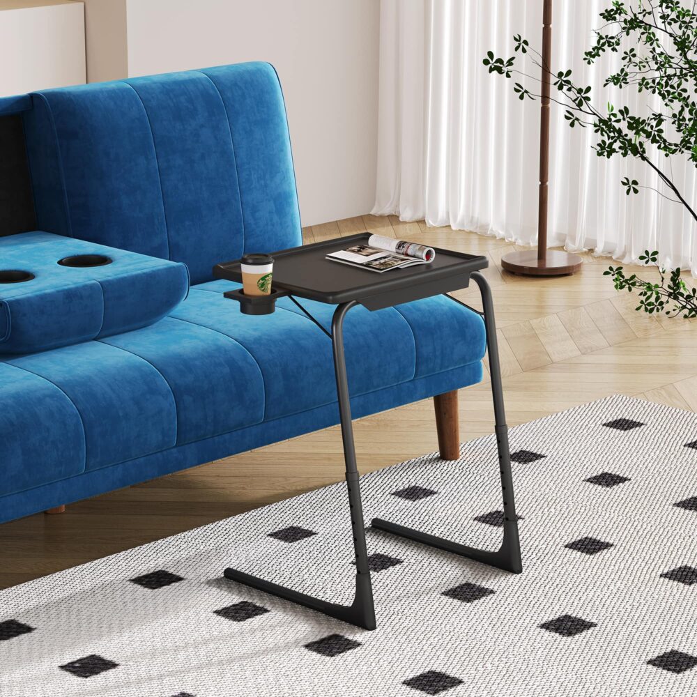 Side Tables: Foldable Table Adjustable Tray Laptop Desk with Removable Cup Holder-Black