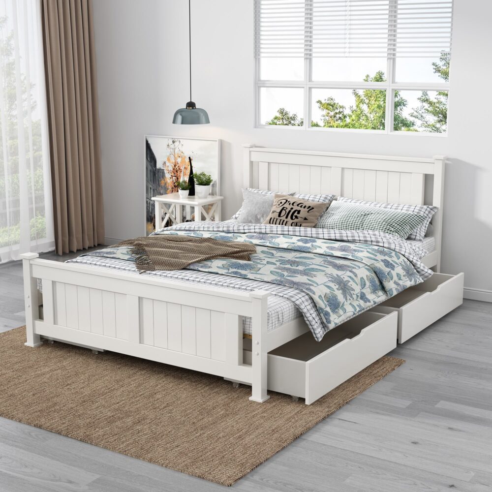 Beds & Bed Frames: 2 x Wooden Bed Frame Storage Trundle Drawers-White
