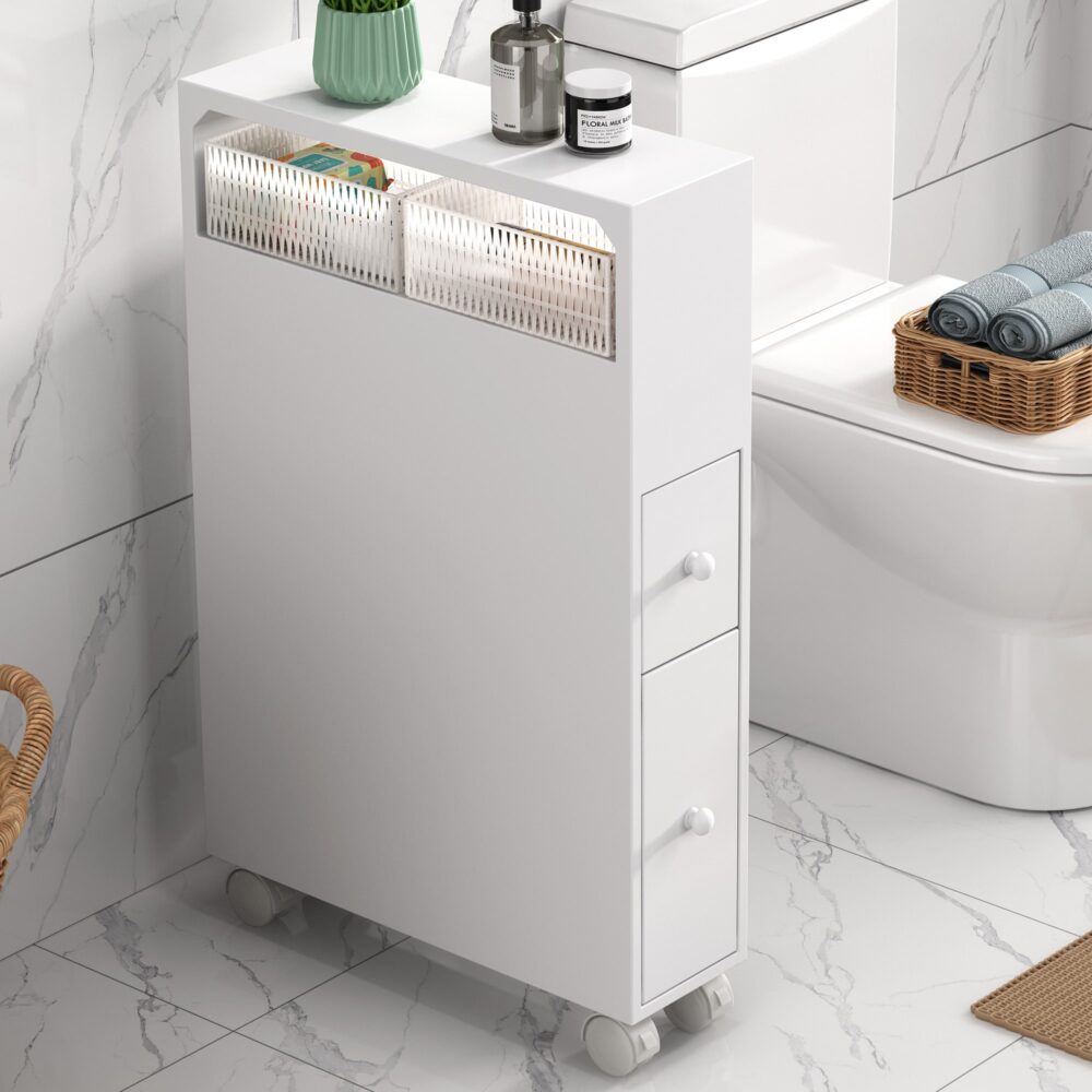 Bathroom Cabinets, Cupboards & Storage: Removable Bathroom Side Cabinet Toilet Caddy with Storage Drawers- White