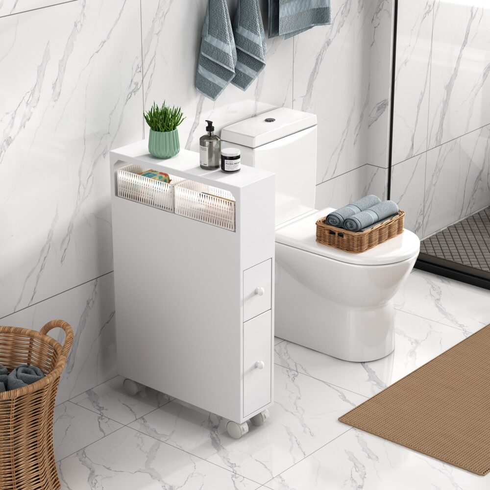 Bathroom Cabinets, Cupboards & Storage: Removable Bathroom Side Cabinet Toilet Caddy with Storage Drawers- White