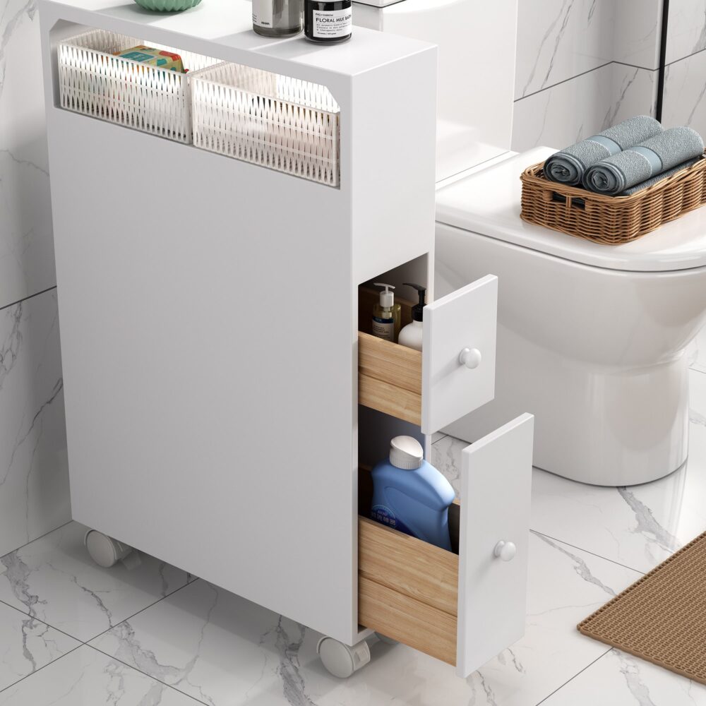 Bathroom Cabinets, Cupboards & Storage: Removable Bathroom Side Cabinet Toilet Caddy with Storage Drawers- White