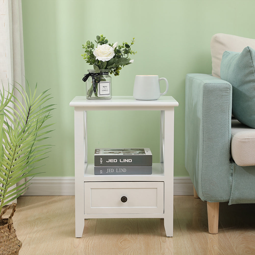 Bedside Tables: 2-tier Bedside Table with Storage Drawer 2 PC Rustic White