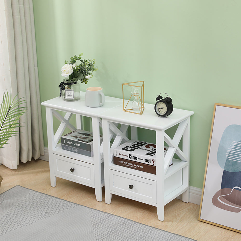 Bedside Tables: 2-tier Bedside Table with Storage Drawer 2 PC Rustic White