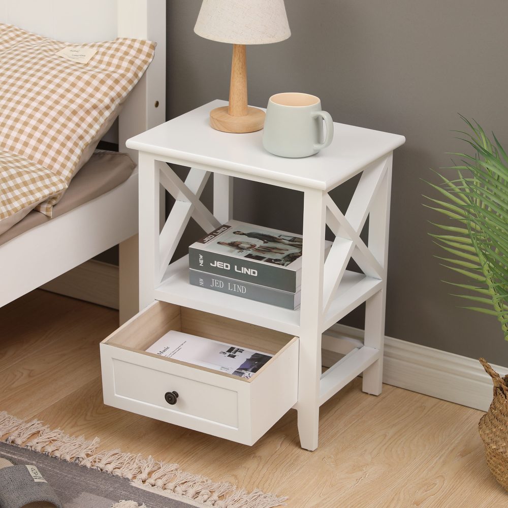 Bedside Tables: 2-tier Bedside Table with Storage Drawer 2 PC Rustic White