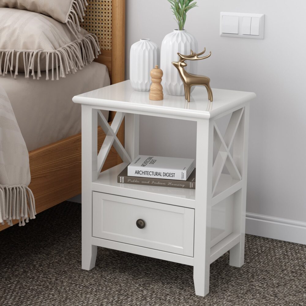 Bedside Tables: 2-tier Bedside Table with Storage Drawer 2 PC Rustic White
