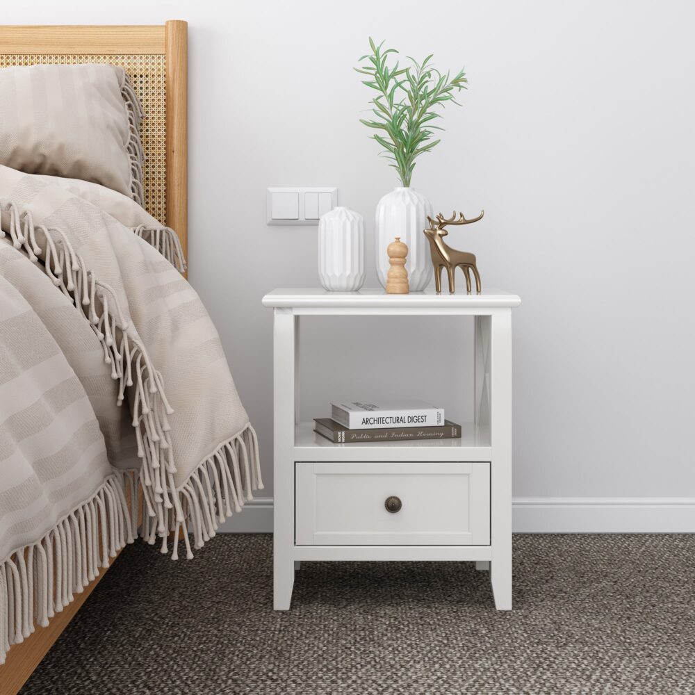 Bedside Tables: 2-tier Bedside Table with Storage Drawer 2 PC Rustic White