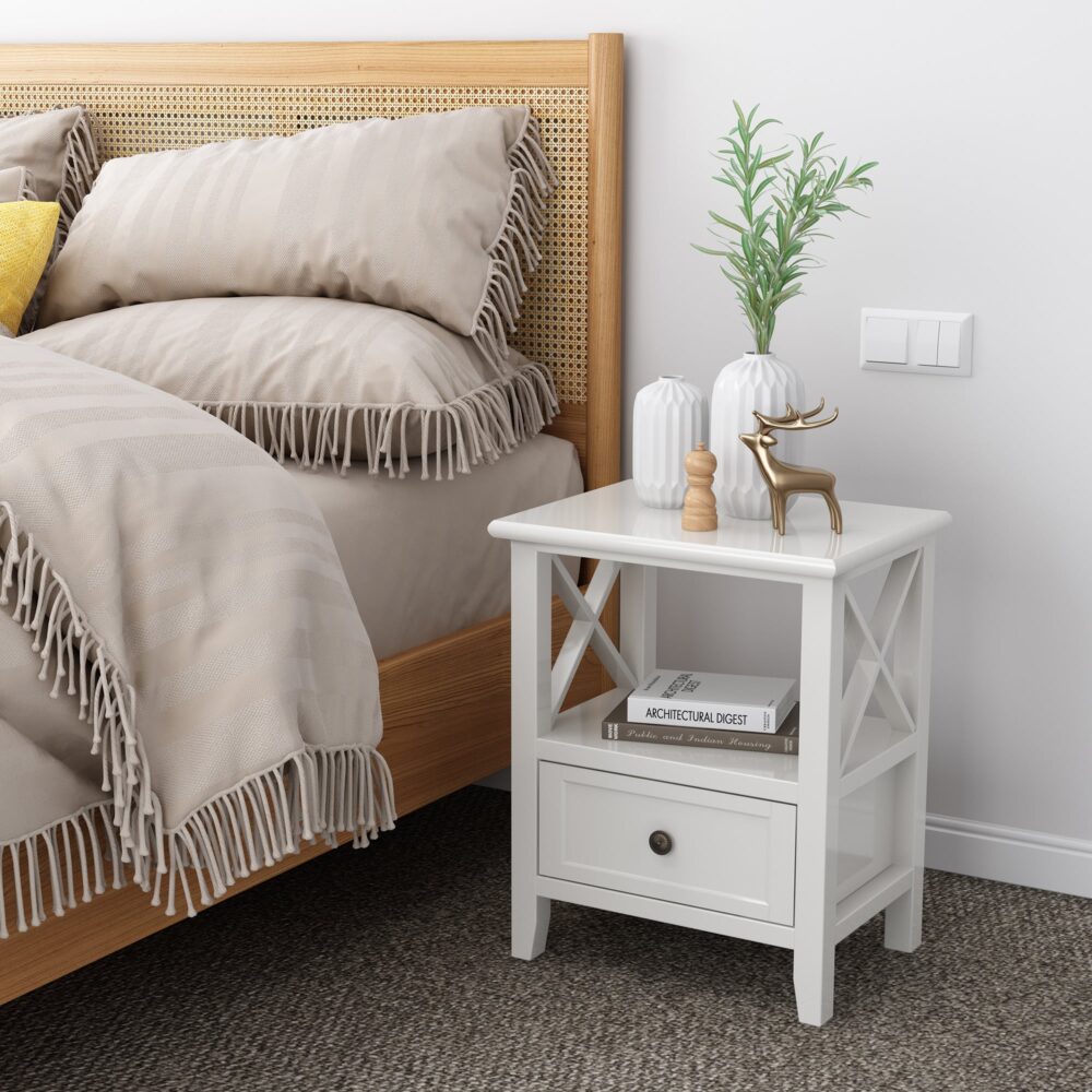 Bedside Tables: 2-tier Bedside Table with Storage Drawer 2 PC Rustic White