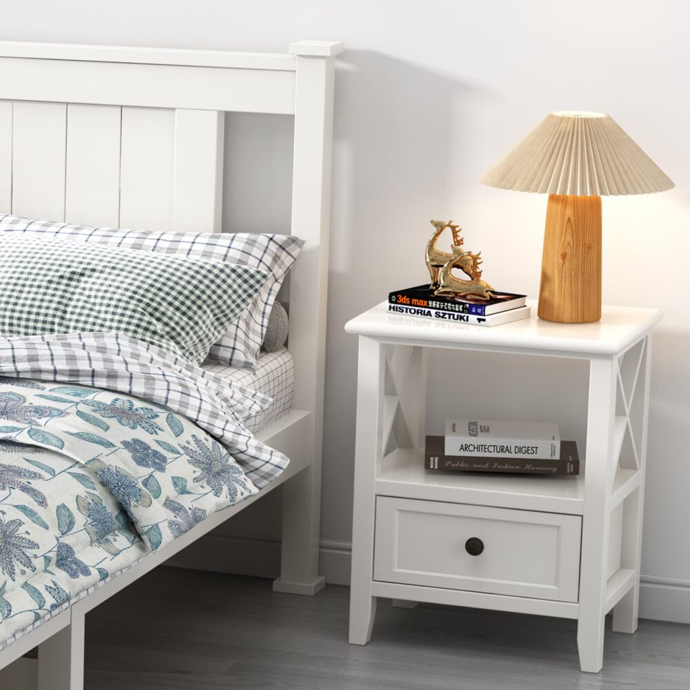 Bedside Tables: 2-tier Bedside Table with Storage Drawer 2 PC Rustic White