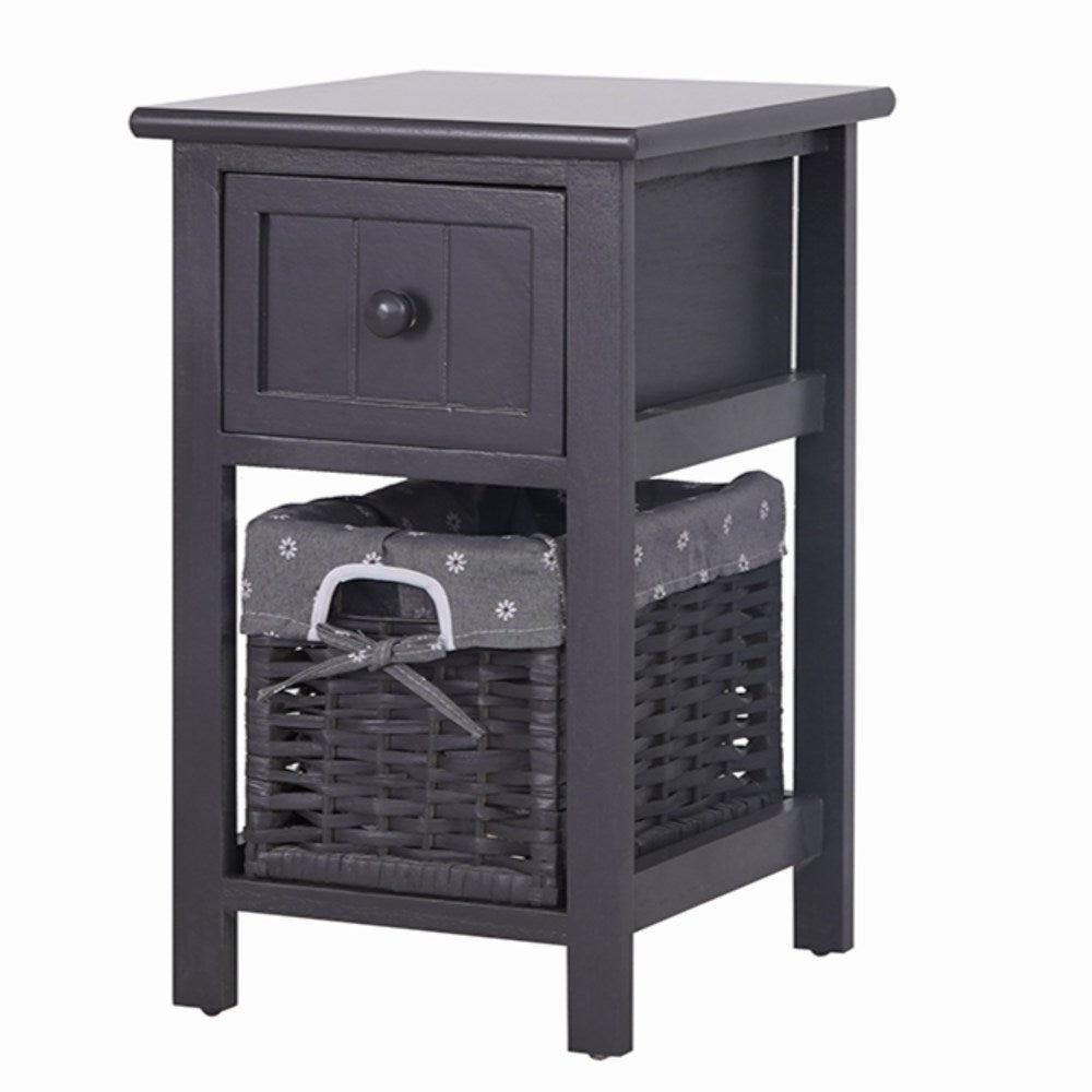 Bedside Tables: Grey Bedside Table with Wicker Basket