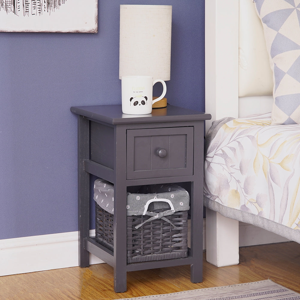 Bedside Tables: Grey Bedside Table with Wicker Basket