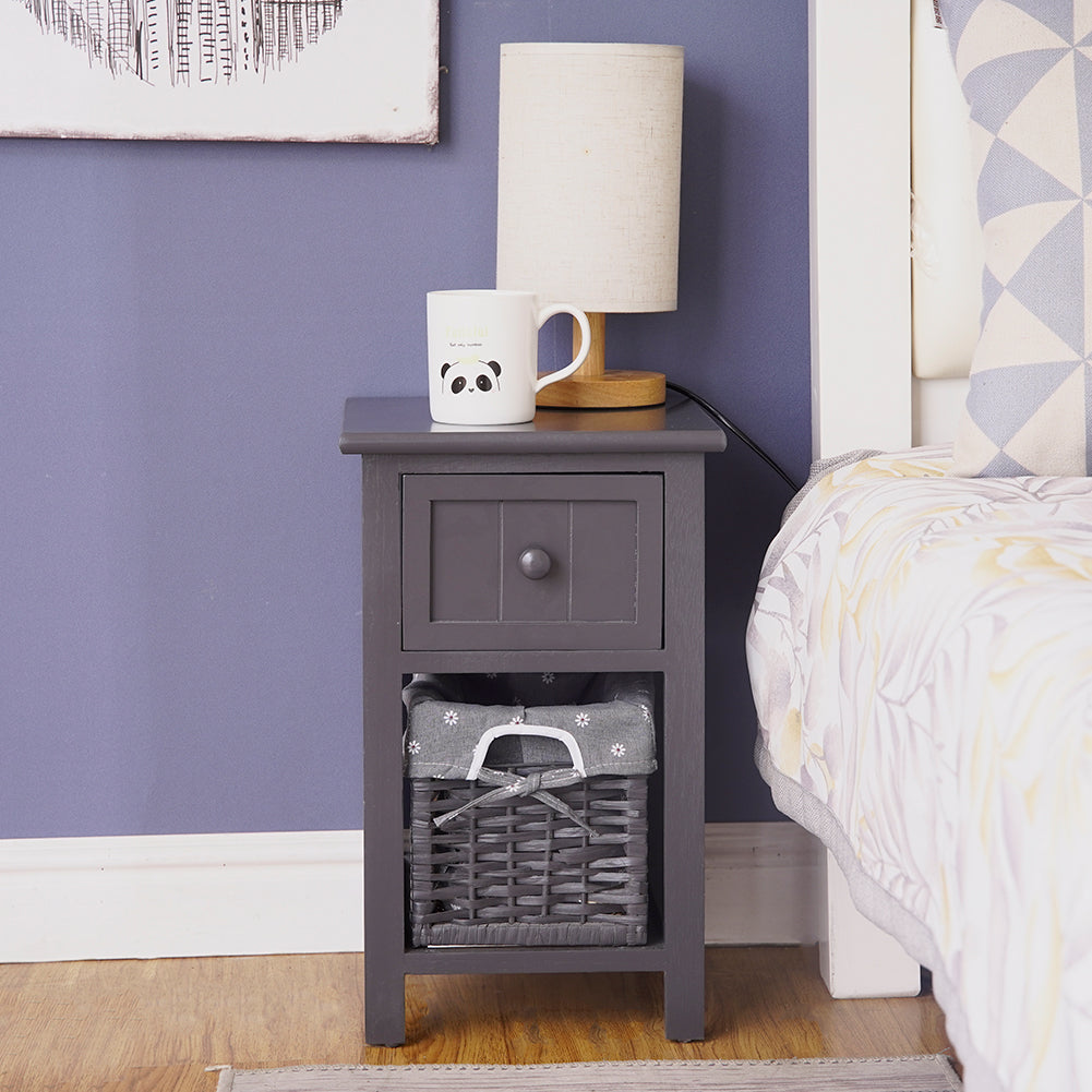 Bedside Tables: Grey Bedside Table with Wicker Basket
