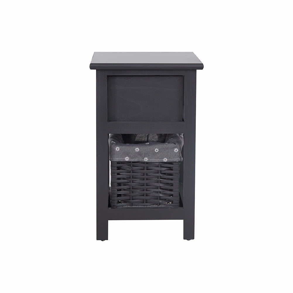 Bedside Tables: Grey Bedside Table with Wicker Basket