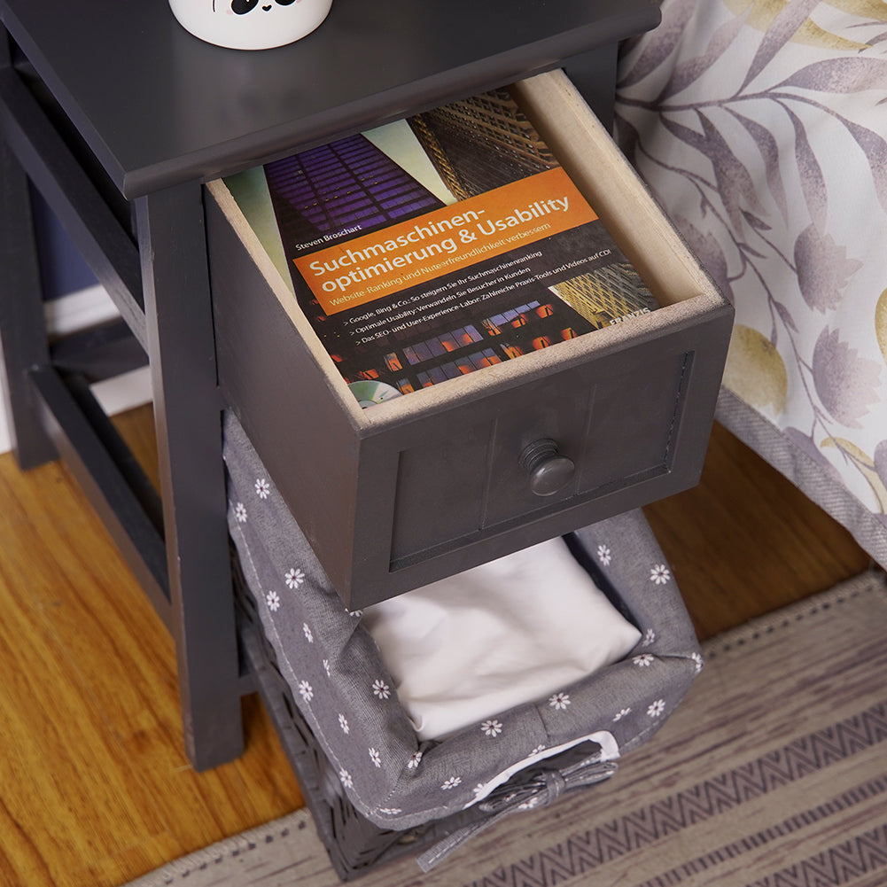 Bedside Tables: Grey Bedside Table with Wicker Basket