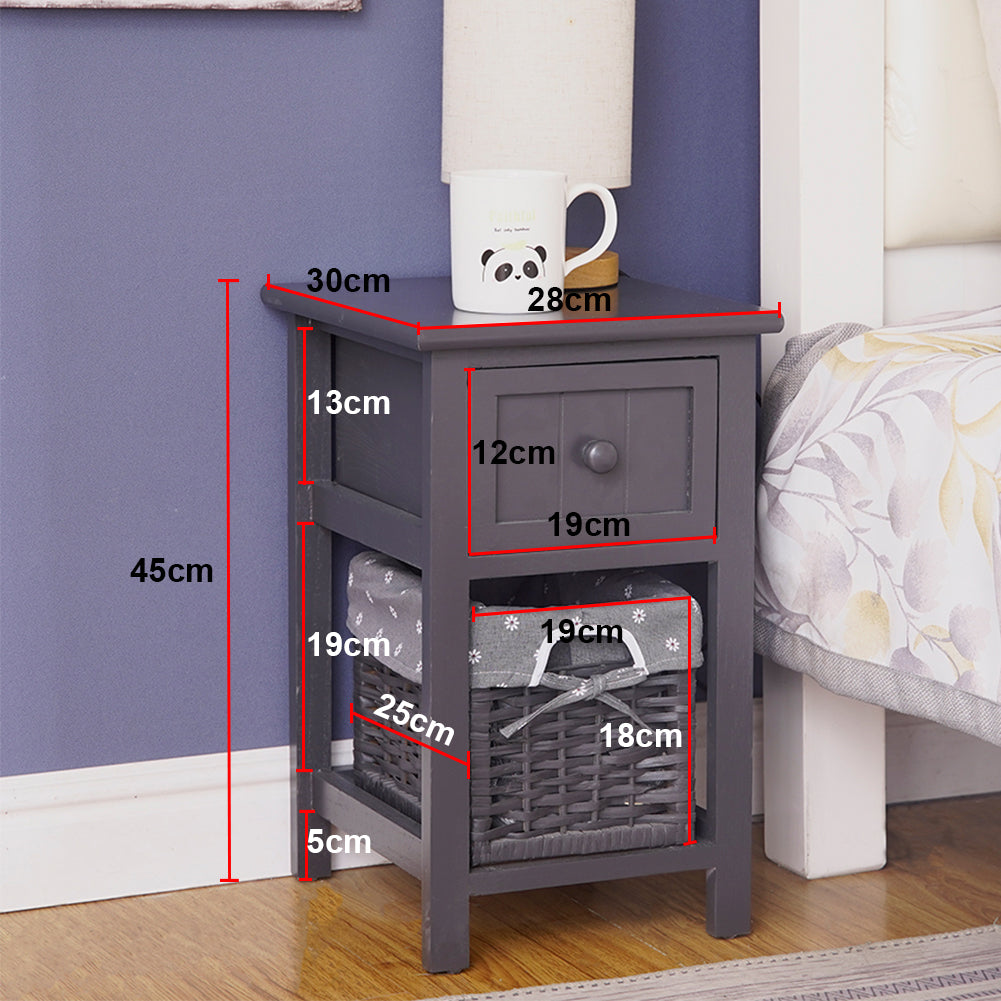 Bedside Tables: Grey Bedside Table with Wicker Basket