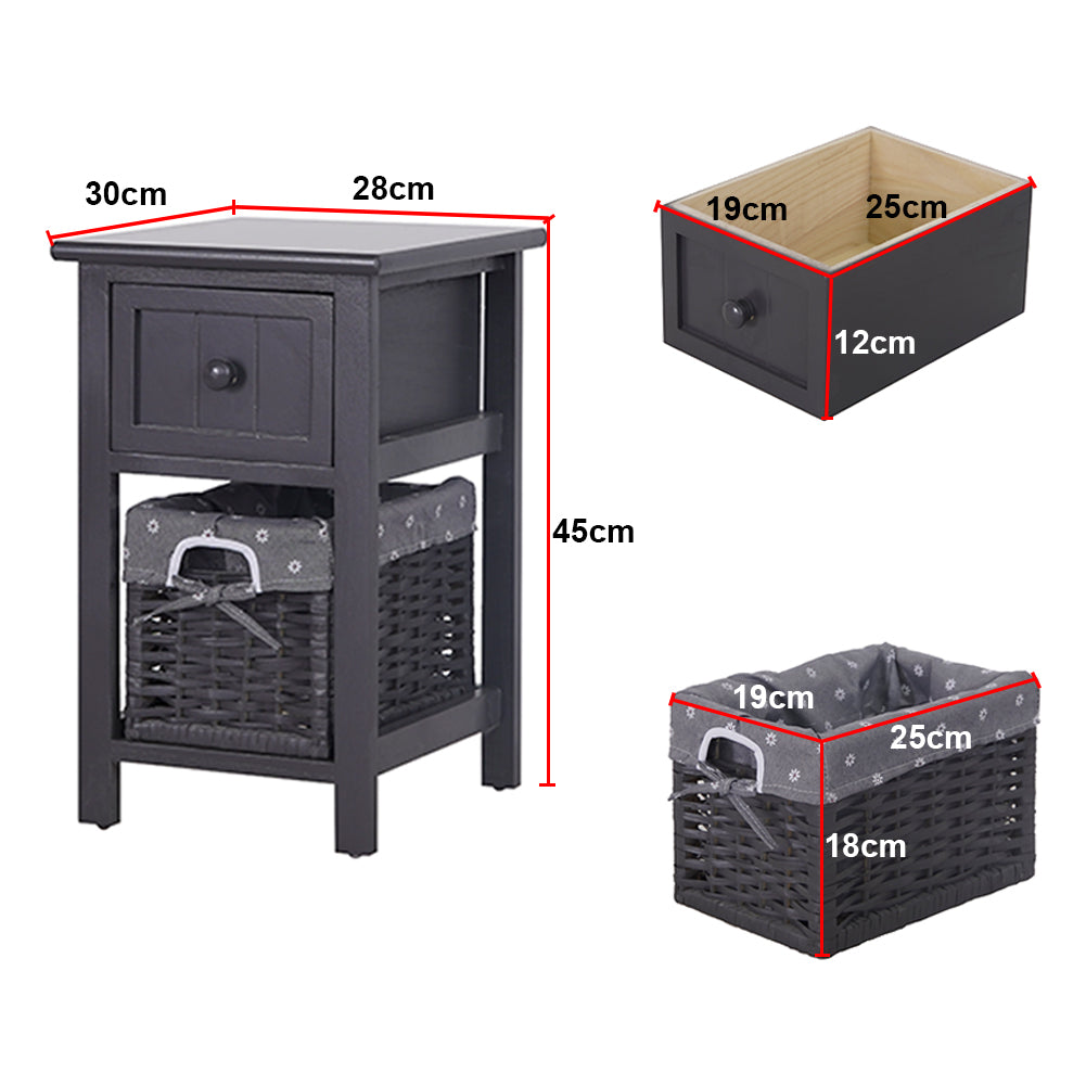 Bedside Tables: Grey Bedside Table with Wicker Basket