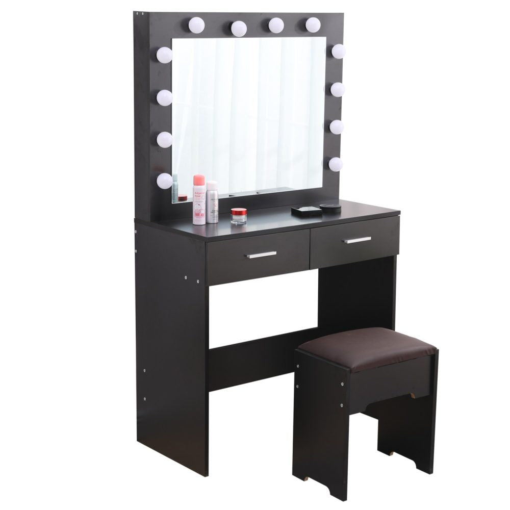 Dressing Vanity & Dressing Tables: Fidel Vanity Set with Cushioned Stool and Lighted Mirror- Black