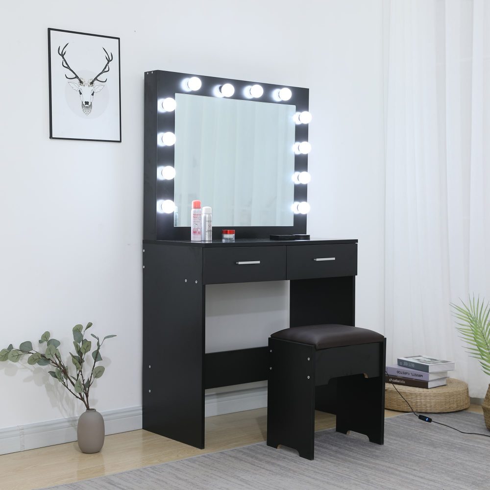 Dressing Vanity & Dressing Tables: Fidel Vanity Set with Cushioned Stool and Lighted Mirror- Black