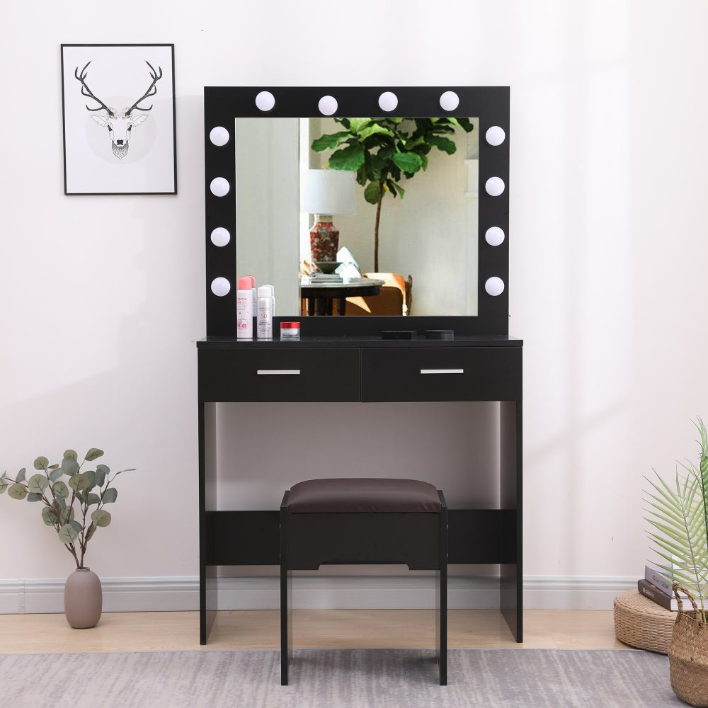 Dressing Vanity & Dressing Tables: Fidel Vanity Set with Cushioned Stool and Lighted Mirror- Black
